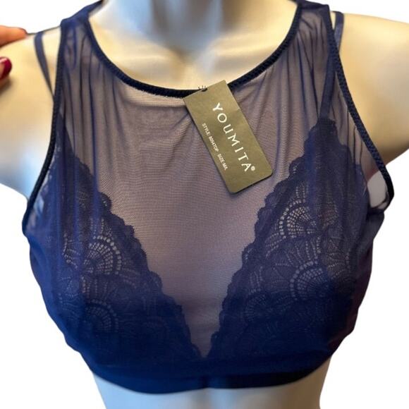 NWT Very Sexy Youmita Floral Lace BLue Mesh Overlay Bralette Fits S/M - Picture 3 of 7